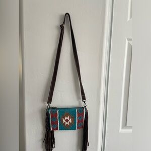 BootBarn Southwestern-inspired blue and brown fringe crossbody bag. boho vibe